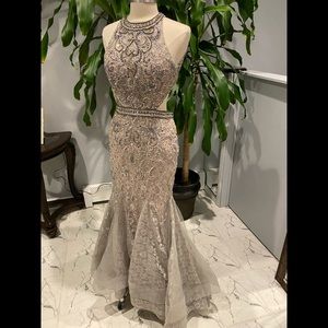 Elegant beaded silver prom dress